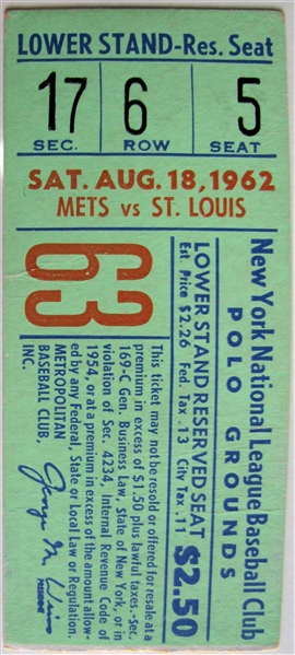 1962 METS vs CARDINALS TICKET STUB - POLO GROUNDS 1st YEAR