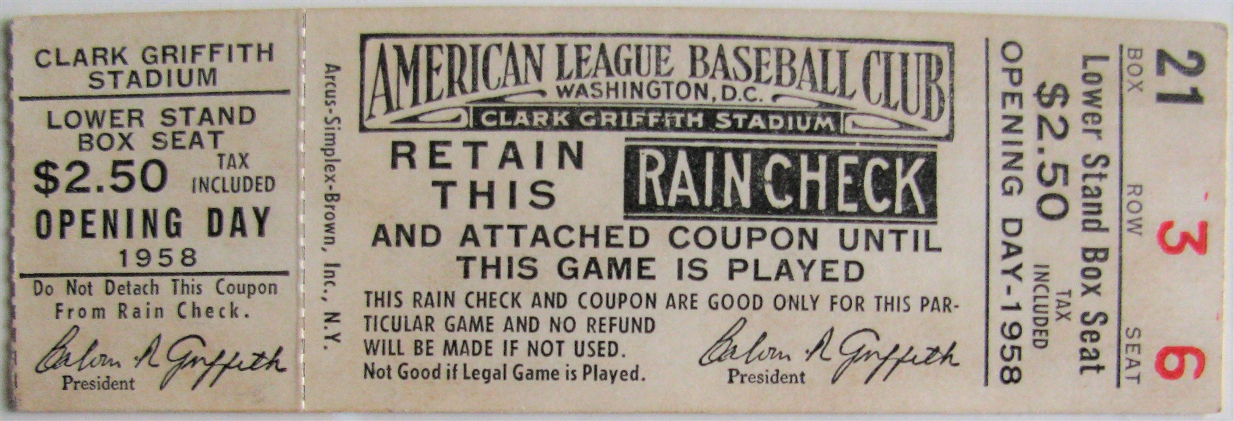 1958 OPENING DAY TICKET STUB GRIFFITH STADIUM - PRESIDENT EISENHOWER THROWS OUT 1st PITCH