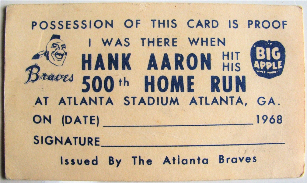 1968 HANK AARON 500 HOME RUN SOUVENIR CARD