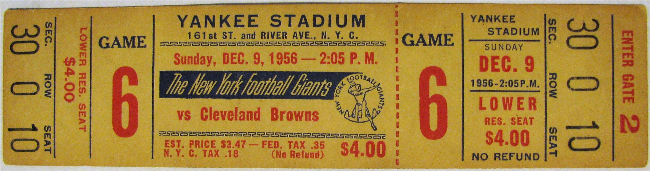 1956 NY GIANTS vs CLEVELAND BROWNS FOOTBALL FULL TICKET