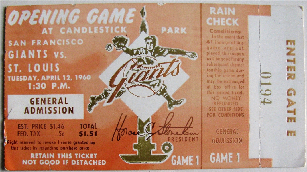 1960 SAN FRANCISCO GIANTS INAUGURAL GAME TICKET STUB