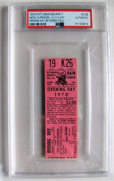 1970 LAST OPENING DAY TICKET STUB - FORBES FIELD / PSA