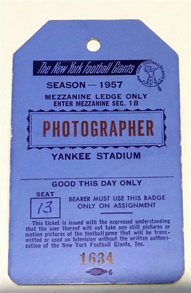 1957 NFL NEW YORK GIANTS PRESS PASS 