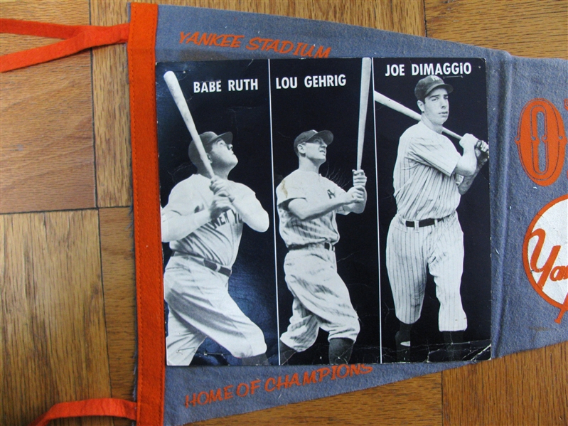 VINTAGE NY YANKEES OLD TIMERS PENNANT w/RUTH-GEHRIG-DIMAGGIO