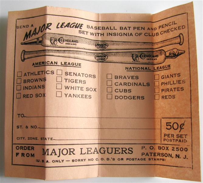 1947 WORLD SERIES BAT SHAPED PEN & PENCIL SET MINT IN BOX - DODGERS vs YANKEES