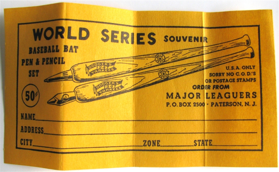 1947 WORLD SERIES BAT SHAPED PEN & PENCIL SET MINT IN BOX - DODGERS vs YANKEES
