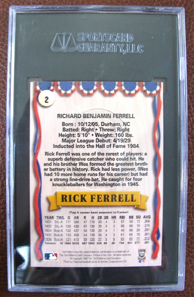 RICK FERRELL SIGNED CARD - SGC SLABBED & AUTHENTICATED