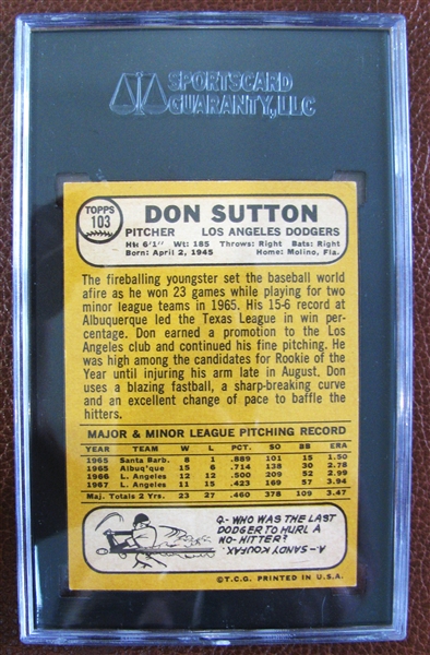 DON SUTTON HOF 98 SIGNED 1968 TOPPS BASEBALL CARD - SGC SLABBED & AUTHENTICATEDD