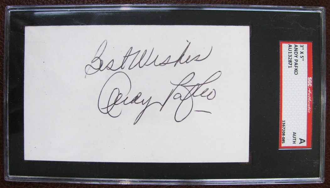 ANDY PAFKO BEST WISHES SIGNED 3X5 INDEX CARD - SGC SLABBED & AUTHENTICATED