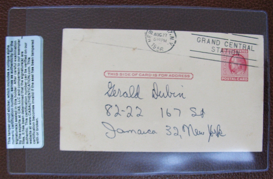 ALLIE REYNOLDS SIGNED 1956 POSTCARD - CAS AUTHENTICATED