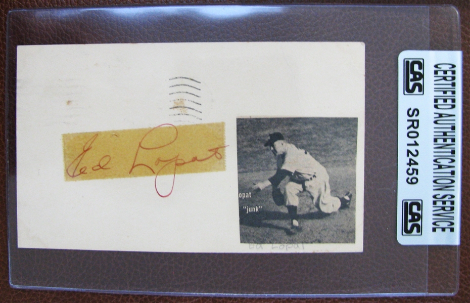 ED LOPAT SIGNED 1950's POSTCARD - CAS AUTHENTICATED