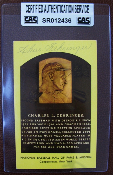 CHAS GEHRINGER SIGNED HOF POST CARD - w/CAS AUTHENTICATION