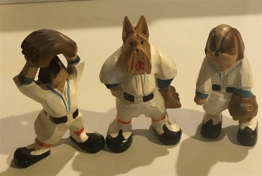 VINTAGE WOOD-CARVED BASEBALL PLAYING DOGS FIGURINES- MUST SEE!