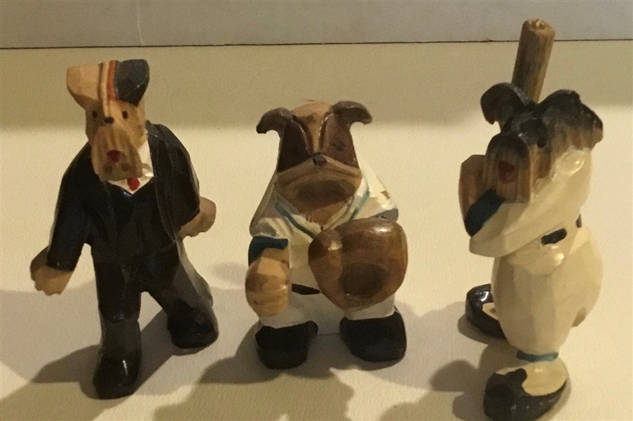 VINTAGE WOOD-CARVED BASEBALL PLAYING DOGS FIGURINES- MUST SEE!