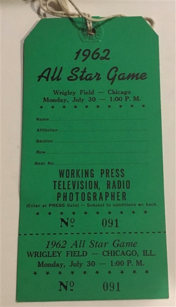 1962 MLB ALL-STAR GAME PRESS PASS @ WRIGLEY FIELD