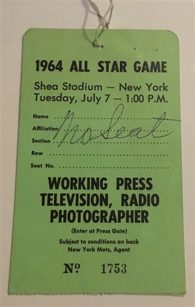 1964 MLB ALL-STAR GAME PRESS PASS @ SHEA STADIUM