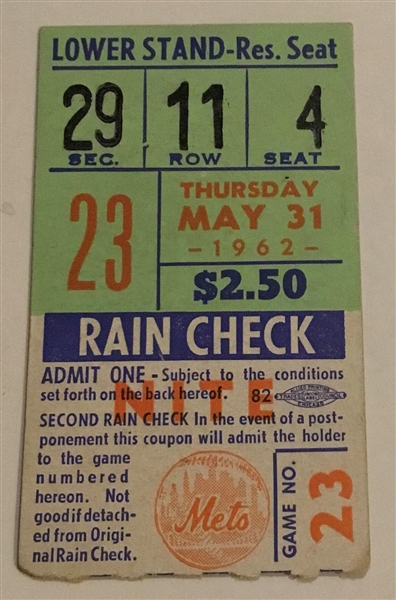 1962 NEW YORK METS vs L.A. DODGERS TICKET STUB- 1st YEAR OF METS