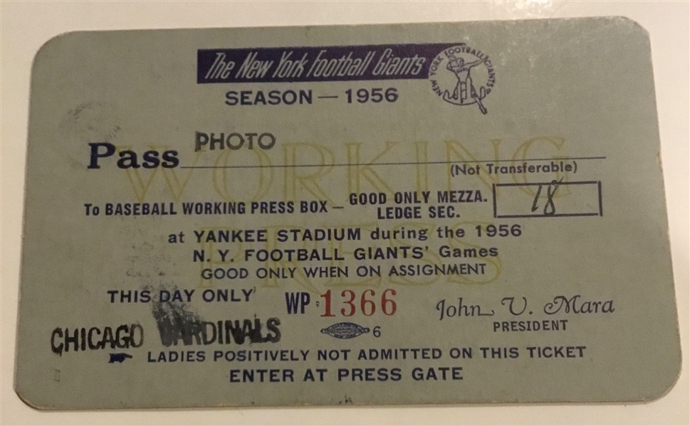 1956 NFL N.Y. GIANTS PRESS PASS