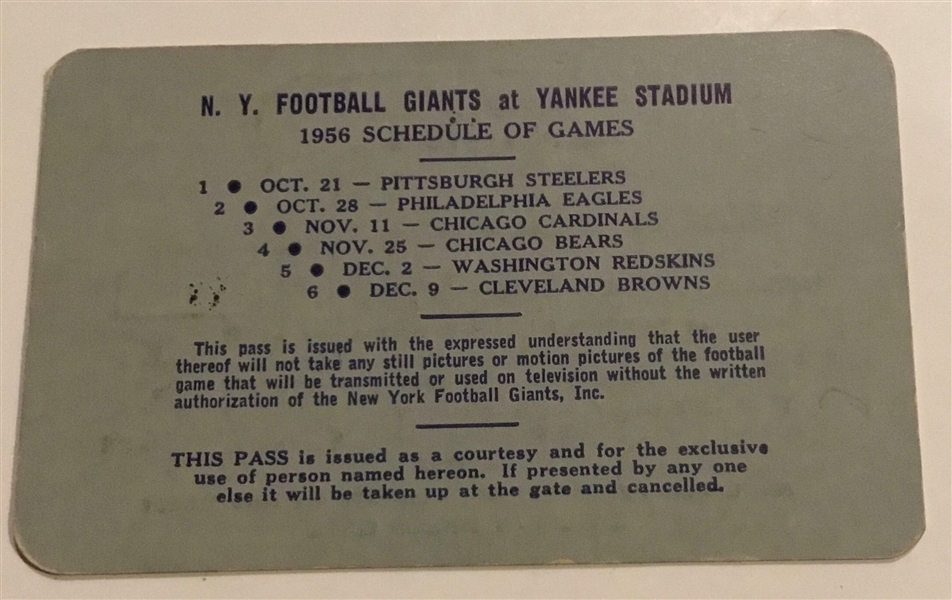 1956 NFL N.Y. GIANTS PRESS PASS