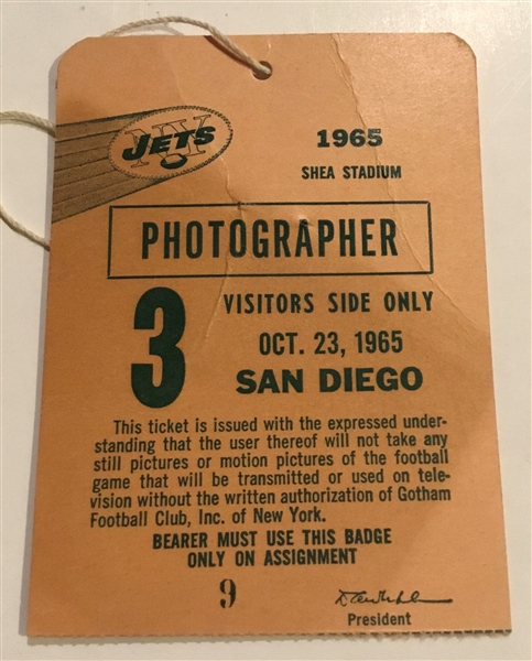 1965 NEW YORK JETS vs SAN DIEGO CHARGERS PRESS PASS @SHEA- NAMATH'S 1st YEAR