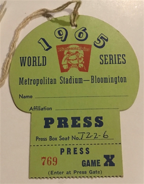 1965 WORLD SERIES PRESS PASS - DODGERS vs TWINS