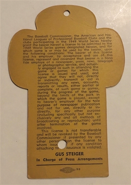 1949 WORLD SERIES PRESS PASS - DODGERS vs YANKEES