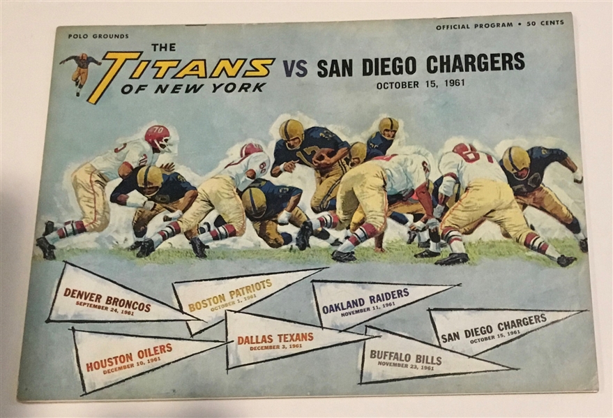 1961 AFL NEW YORK TITANS vs SAN DIEGO CHARGERS PROGRAM w/TICKET