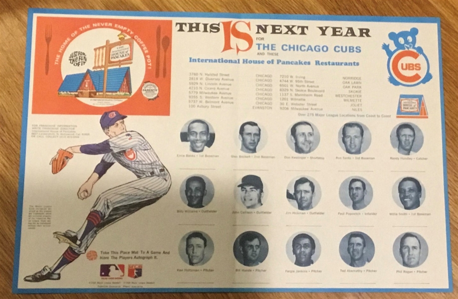 1969 CHICAGO CUBS IHOP PLACEMAT  w/PLAYERS- THIS IS NEXT YEAR