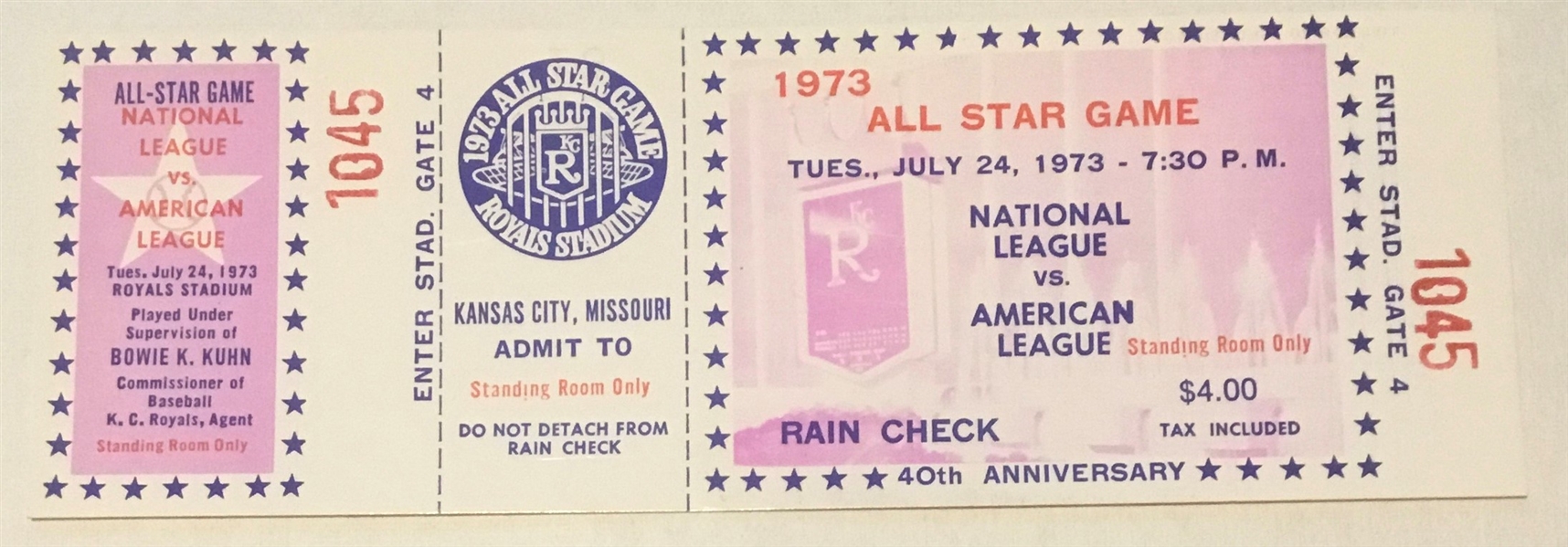 1973 MLB ALL-STAR GAME FULL TICKET @ K.C.