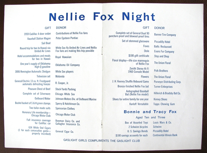 1959 NELLIE FOX DAY PROGRAM WITH RARE INSERT