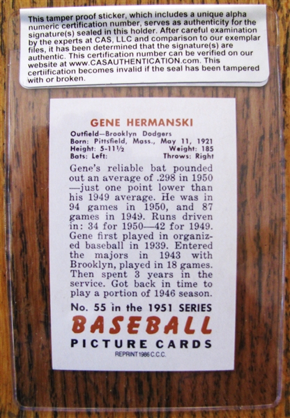 GENE HERMANSKI SIGNED BASEBALL CARD w/CAS
