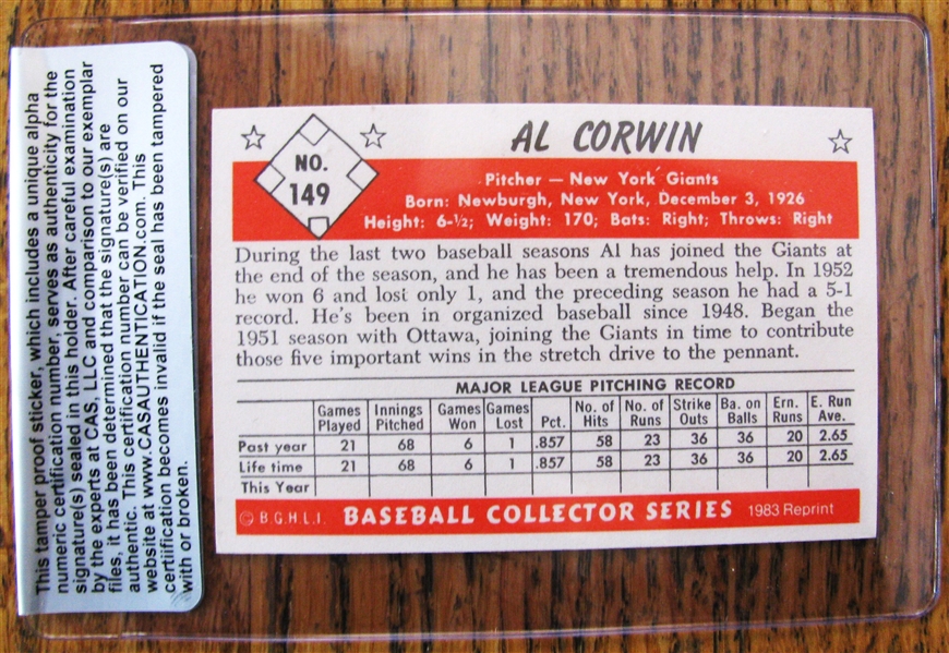 AL CORWIN SIGNED BASEBALL CARD w/CAS