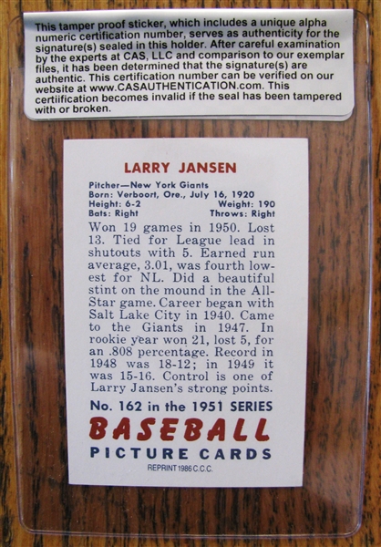 LARRY JANSEN SIGNED BASEBALL CARD w/CAS
