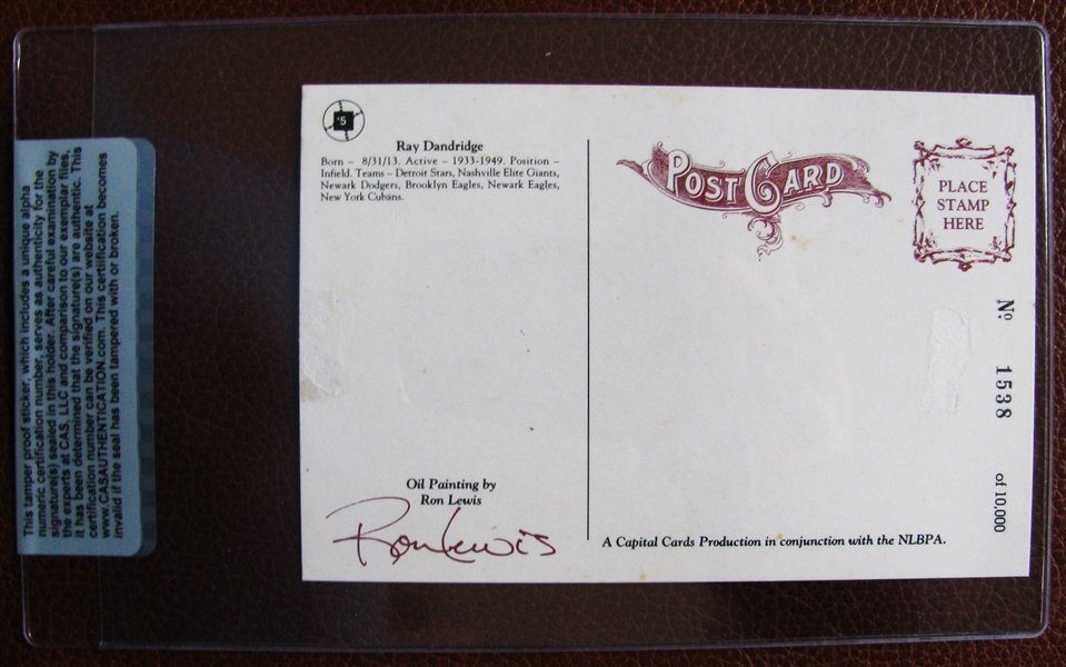 1991 RON LEWIS NEGRO LEAGUE RAY DANDRIDGE SIGNED POST CARD - CAS SEALED & AUTHENTICATED