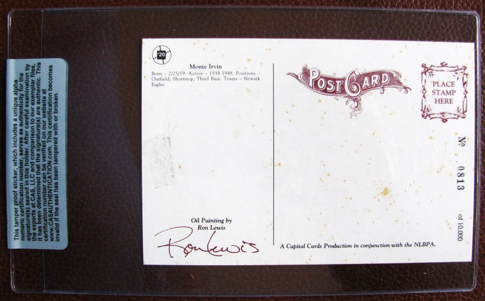 1991 RON LEWIS NEGRO LEAGUE MONTE IRVIN SIGNED POST CARD - CAS SEALED & AUTHENTICATED