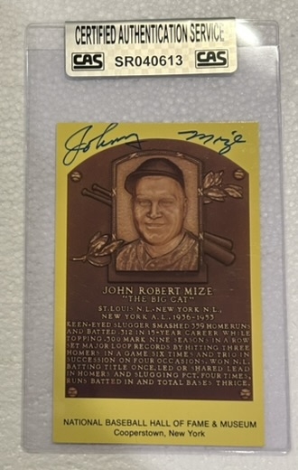 JOHNNY MIZE SIGNED HOF POST CARD w/CAS AUTHENTICATION