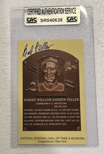 BOB FELLER SIGNED HOF POST CARD w/CAS AUTHENTICATION