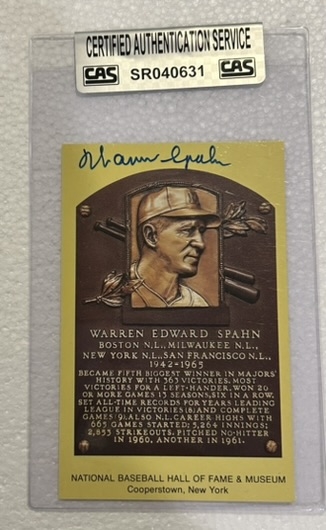 WARREN SPAHN SIGNED HOF POST CARD w/CAS AUTHENTICATION