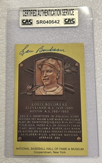 LOU BOUDREAU SIGNED HOF POST CARD w/CAS AUTHENTICATION