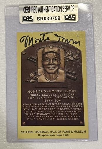 MONTE IRVIN SIGNED HOF POST CARD w/CAS AUTHENTICATION