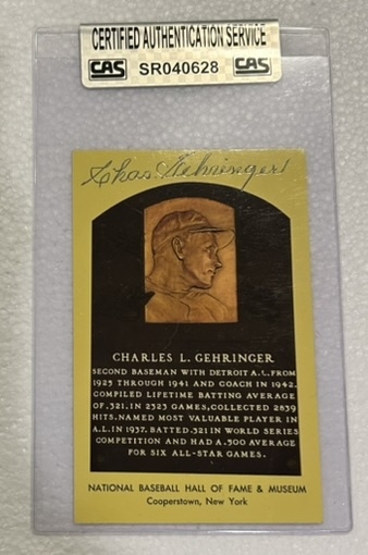 CHARLIE GEHRINGER SIGNED HOF POST CARD w/CAS AUTHENTICATION