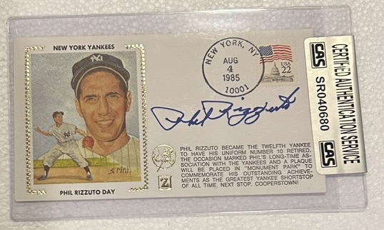 PHIL RIZZUTO SIGNED FIRST DAY COVER w/CAS AUTHENTICATION