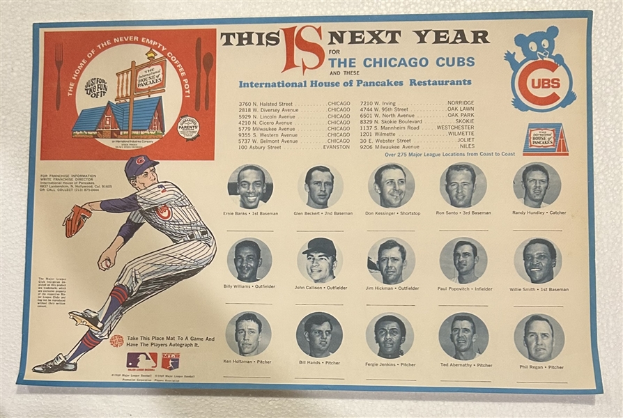 VINTAGE 1969 CHICAGO CUBS PLACEMAT w/PLAYER PHOTOS