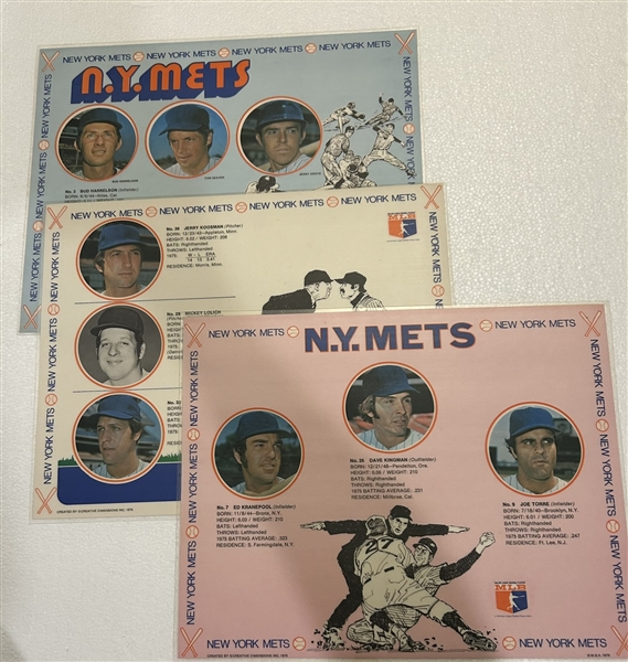 VINTAGE 1976 NEW YORK METS PLACEMATS w/PLAYER PHOTOS- SET OF 3