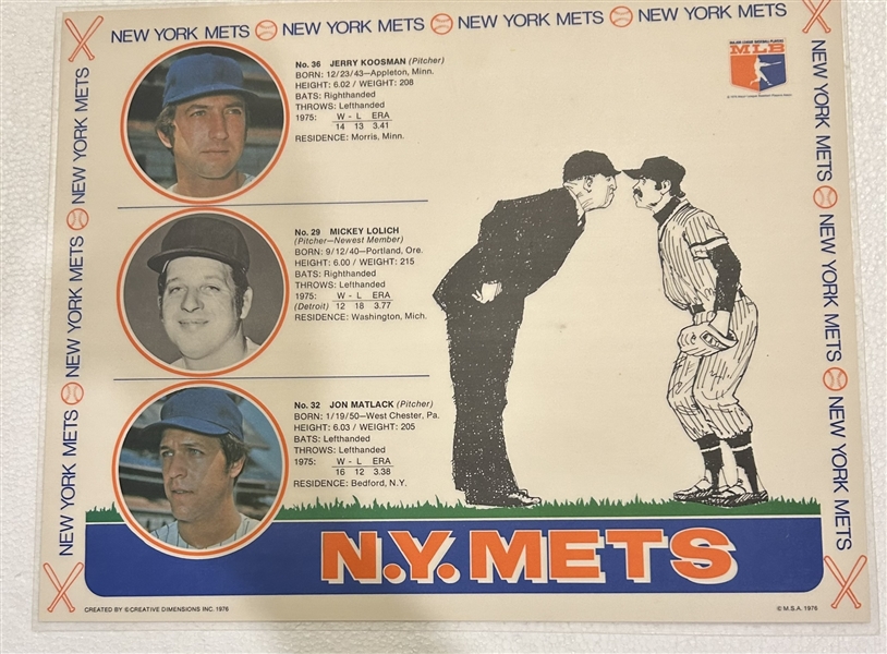 VINTAGE 1976 NEW YORK METS PLACEMATS w/PLAYER PHOTOS- SET OF 3