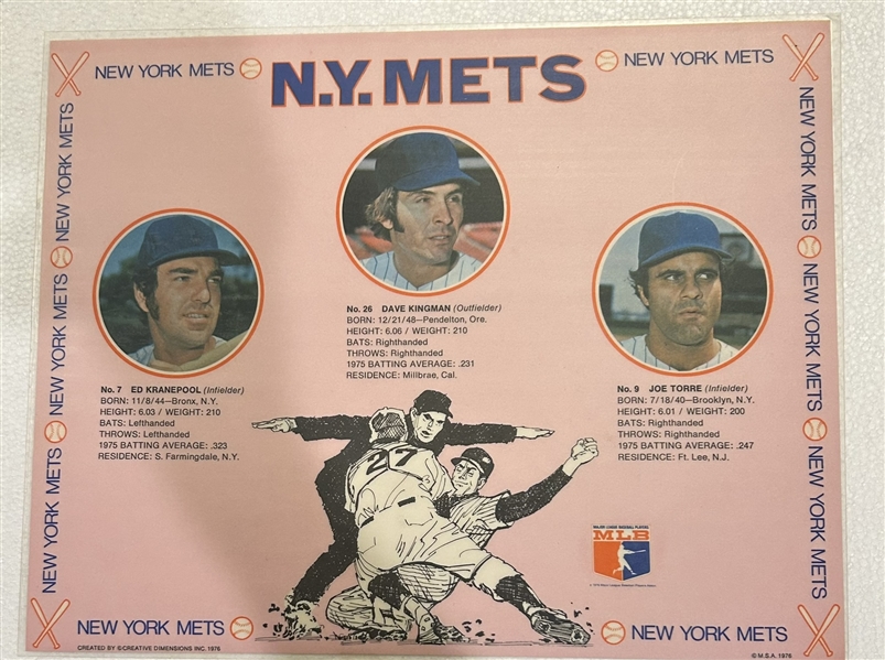 VINTAGE 1976 NEW YORK METS PLACEMATS w/PLAYER PHOTOS- SET OF 3