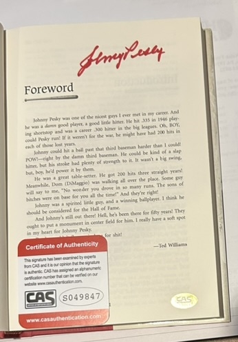 JOHNNY PESKY AUTOGRAPHED BOOK w/CAS COA