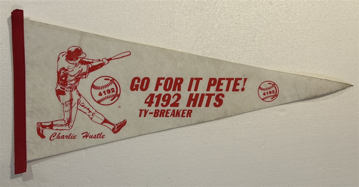 VINTAGE 1985 PETE ROSE HIT RECORD PENNANT