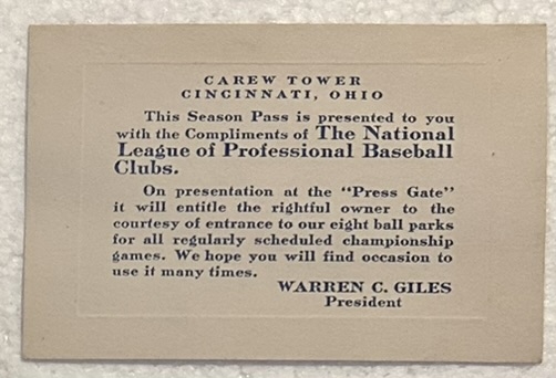 VINTAGE 50's NATIONAL LEAGUE SEASON PASS- GILES PRESIDENT