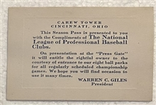 VINTAGE 50s NATIONAL LEAGUE SEASON PASS- GILES PRESIDENT